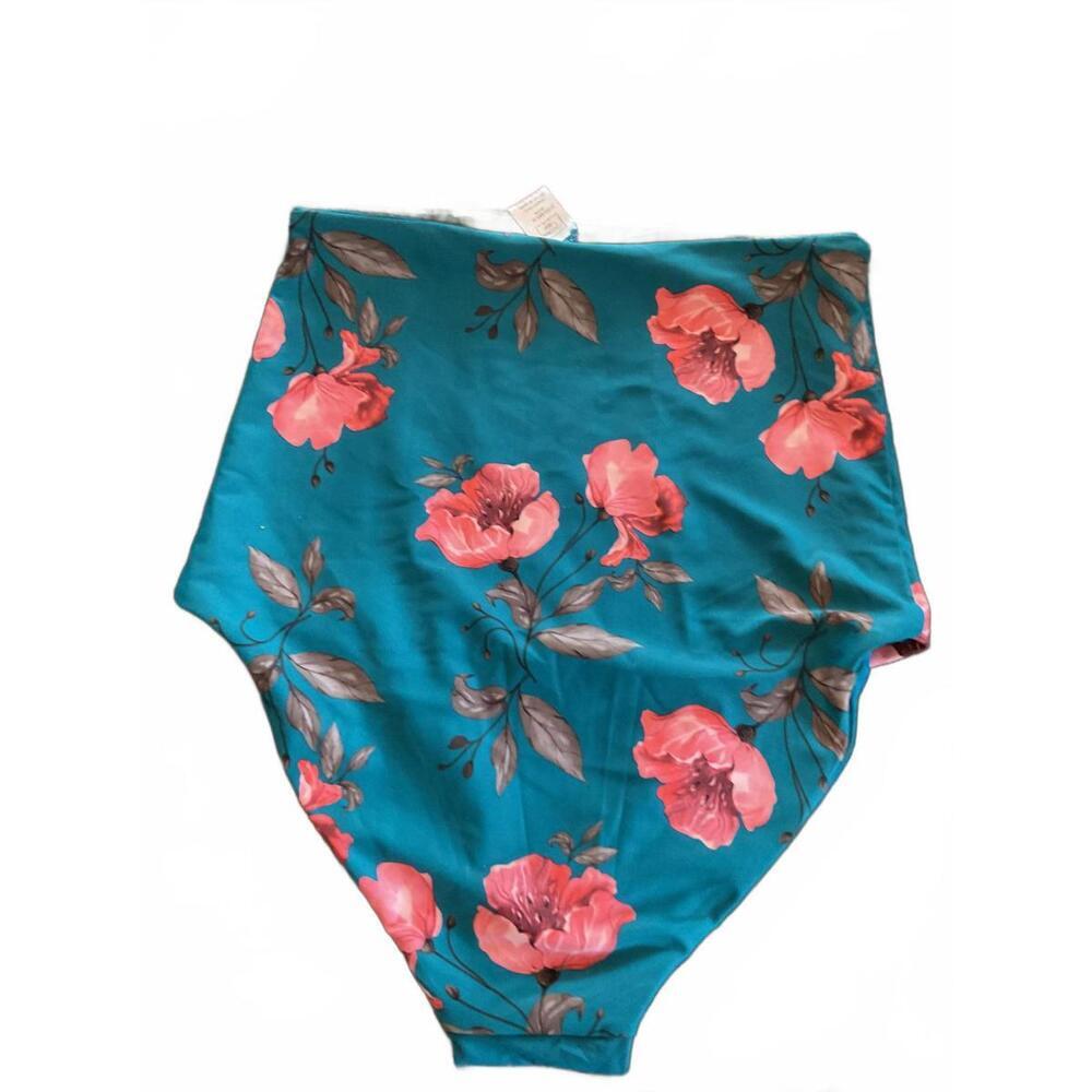 Coral Reef Reversible Floral Botanical High-Waisted Swim Bottom - Teal 8/10 - Picture 3 of 10